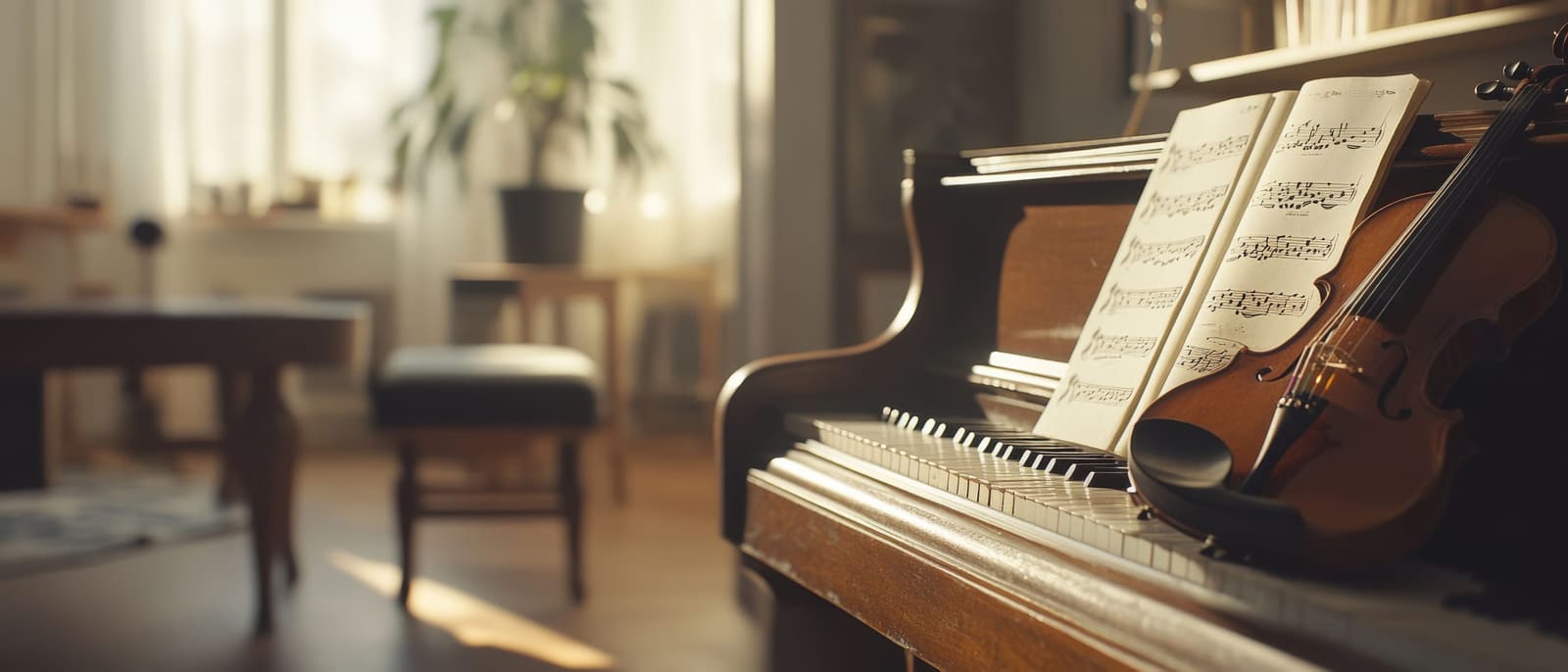 Geige und Notenblatt auf einem Klavier in einem sonnendurchfluteten Musikzimmer